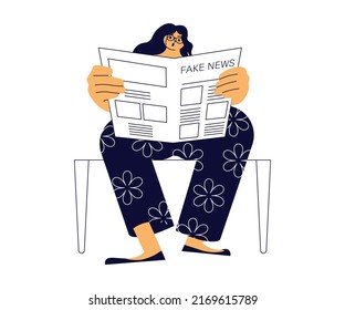Young woman sitting on a bench and reading a book or magazine isolated on white background. Flat Art Vector Illustration