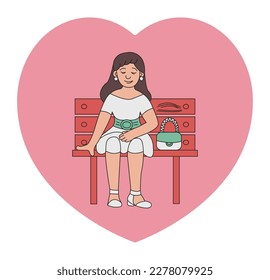 A young woman is sitting on a bench. Vector colored doodle illustration.