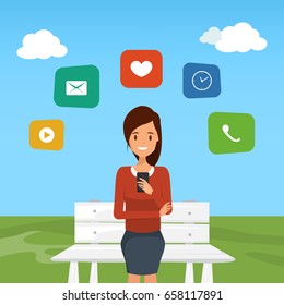 Young woman sitting on the bench and using smartphone. Illustration vector of mobile phone infographic.