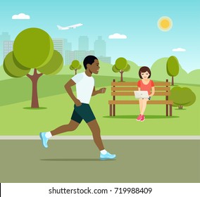 Young woman sitting on the bench and working with laptop and Running afro american man in the park. Vector flat style illustration