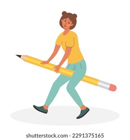 Young woman sitting on a big pencil. Student girl with large pencil in a funny pose. Writing, creating, education, copywriting and blogging concept. Flat cartoon character.