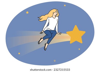 Joven sentada en una gran estrella soñando o pensando en el futuro. Muchacha imaginando perspectivas o haciendo planes. Soñador en cielo estrellado. Ilustración vectorial.