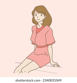 Young woman sitting on a blank panel. Hand drawn flat cartoon character vector illustration.