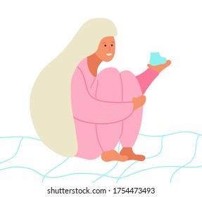 Young woman is sitting on a blanket and holds a bootee on her palm. Pregnancy, maternity concept. Vector illustration in trendy hand drawn flat style.