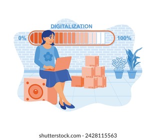 Young woman sitting on a block chair. Installing DIGITALIZATION hologram on laptop. Digital business concept. Flat vector illustration.