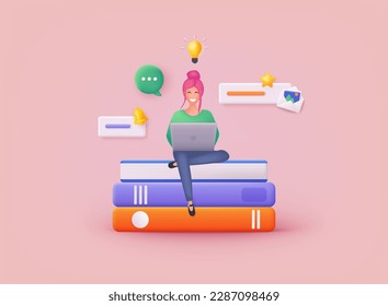 Young woman sitting on books with laptop. Concept of online education and learning. 3D Web Vector Illustrations.