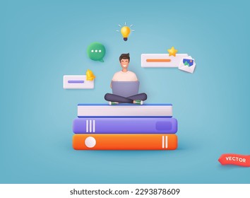 Young woman sitting on books with laptop. Concept of online education and learning. 3D Web Vector Illustrations.