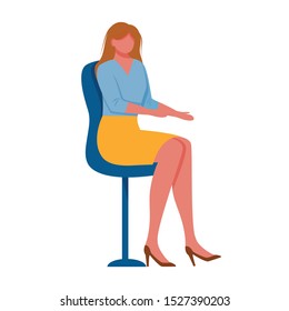 Young woman sitting on chair flat vector illustration. Company employee. Female brunette office worker in business costume and in high heeled shoes isolated cartoon character on white background