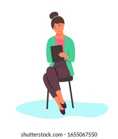 A young woman is sitting on a chair with a Notepad. The concept of a recruiter, journalist, psychologist. Flat cartoon vector illustration.