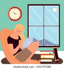 young woman sitting on the chair and working on laptop with books, work at home vector illustration