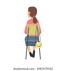 Young Woman Sitting on Chair Having Training Course Listening to Lecturer Back View Vector Illustration