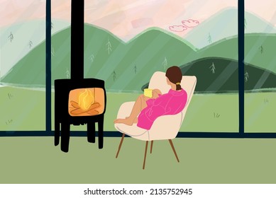 Young woman sitting on chair by the fireplace near the window at home, enjoying hot drink and view on the mountains. Concept of home cosiness and rest on nature. Vector illustration