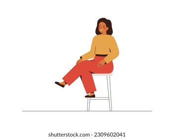 Young woman sitting on chair. Smiling girl sits on the bar stool with crossed legs. Vector illustration.