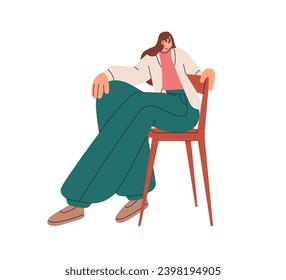 Young woman sitting on chair. Happy girl posing in seated position, leaning on chairback. Female character, model smiling for portrait. Flat vector illustration isolated on white background