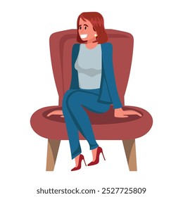 Young woman sitting on a chair. An employee in an armchair happy with her work. Flat vector illustration isolated on white background.