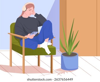 Young woman sitting on a chair wearing headphones and holding a phone, casual indoor setting with wooden floor and potted plant, modern lifestyle concept. Vector illustration
