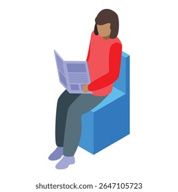 Young woman is sitting on a chair, leisurely reading a newspaper