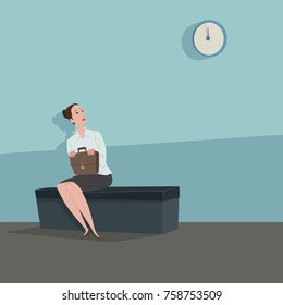 Young woman sitting on the chair looking the clock waiting for someone.