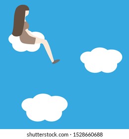 Young woman sitting on a cloud in the sky