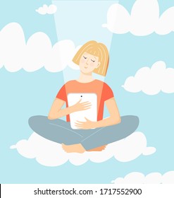 Young woman sitting on the cloud holding tablet, working online, study on internet, cloud computing and cloud storage. Online remote job and study, cloud computing concept. Vector flat illustration.