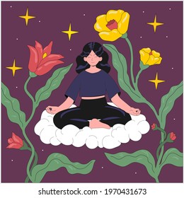 Young woman sitting on a cloud in lotus position.  Concept of meditation and harmony. Hand drawn vector illustration, cartoon character in flat style. Padmasana pose, health care.