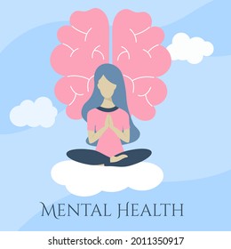 A young woman is sitting on a cloud in a yoga pose. The concept of mental health of the brain. Blue sky background. Vector illustration