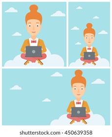 Young woman sitting on a cloud with a laptop on her knees. Happy woman using cloud computing technology. Cloud computing concept. Vector flat design illustration. Square, horizontal, vertical layouts.