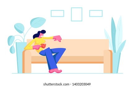 Young Woman Sitting on Comfortable Couch with Cup of Tea or Coffee in Hand at Home. Female Character Visiting Friend, Relaxing after Work, Having Leisure, Sparetime, Cartoon Flat Vector Illustration