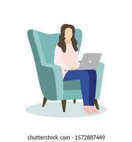 Young woman sitting on comfortable armchair with laptop computer. Specialist working from home. Stock vector illustration in flat style.