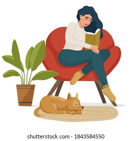 Young woman sitting on a comfortable armchair and reading a book. Spending time at home, relaxation, rest, hobby. Vector illustration isolated on white background.