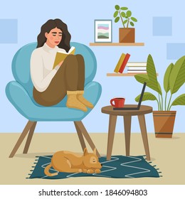 Young woman sitting on a comfortable armchair and reading a book. Spending time at home, relaxation, rest, hobby. Vector illustration.