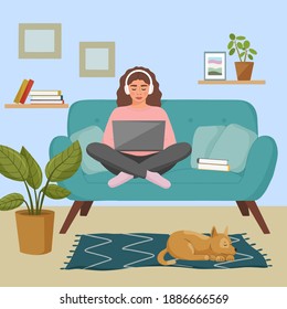 Young woman sitting on a comfortable sofa with laptop and her cute dog. Work at home, online education, freelance concept. Vector illustration.