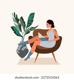 Young woman sitting on a comfortable armchair and reading a book. Spending time at home, relaxation, rest, hobby. Vector illustration isolated on white background.