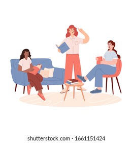 Young woman sitting on comfy sofa and in armchairs studying and reading books. Flat cartoon modern vector illustration.