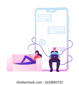 Young Woman Sitting on Couch with Oxygen Mask on Face Connected to Huge Smartphone. Man with Laptop in hands Tied to Mobile Phone with Social Media Messages on Screen. Cartoon Flat Vector Illustration