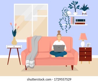 Young woman sitting on the couch with laptop. Cozy interior in blue and coral colors. Concept for freelance, remote work, education, studying. Cute vector illustration in  flat style.