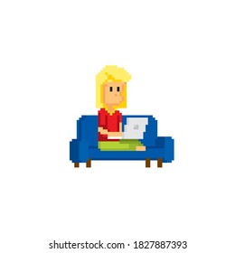 A Young Woman Is Sitting On The Couch And Working With A Laptop. Pixel Art Icon. Old School Computer Graphic. 8 Bit Video Game.