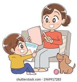 A young woman is sitting on the couch and using a tablet. The child is drawing a picture.