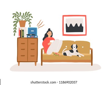 Young woman sitting on cozy sofa with her dog, drinking tea or coffee and listening to playing vinyl record in room furnished in trendy Scandi style. Flat cartoon colorful vector illustration.