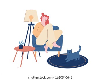 Young Woman Sitting on Cozy Armchair at Home Sleeping or Read Interesting Book with Cat Sitting on Floor. Tired Girl Nap after Work. Loneliness, Relaxation Cartoon Flat Vector Illustration, Line Art