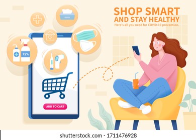 Young woman sitting on a cozy couch with smartphone and purchasing COVID-19 preventive products online, staying home can reduce the risk of coronavirus infection