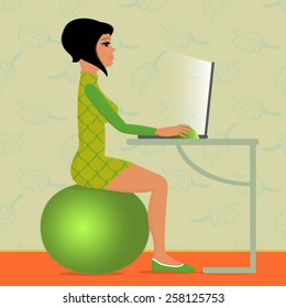 young woman sitting on exercise ball, practicing active sitting and working with laptop vector illustration