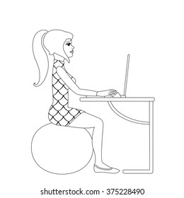 young woman sitting on fitness ball and working with computer vector illustration. Black outline, white background.
