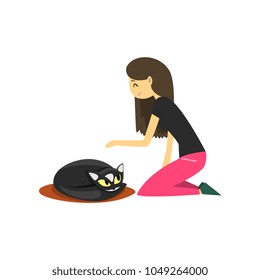 Young woman sitting on the floor and stroking her cat, cute pet with its owner vector Illustration on a white background