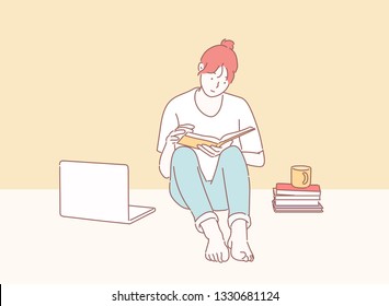 Young Woman Sitting on the floor and Reading Book. Hand drawn style vector design illustrations.