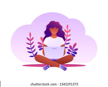 Young woman sitting on the floor with laptop. Freelance, working from home, distance education, shopping online, surfing the internet. Flat vector illustration