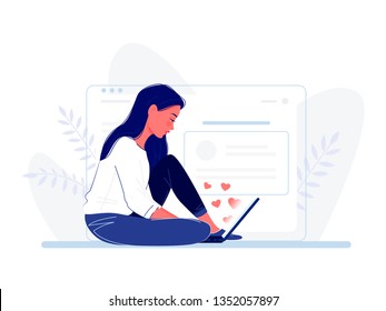 Young woman sitting on the floor with laptop near big computer screen. Hearts fly out of the screen. Surfing the internet, social networks. Flat vector illustration