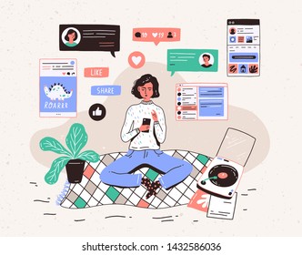 Young woman sitting on floor at home, holding smartphone and chatting in messenger or social network. Internet communication, online instant messaging or information exchange. illustration.