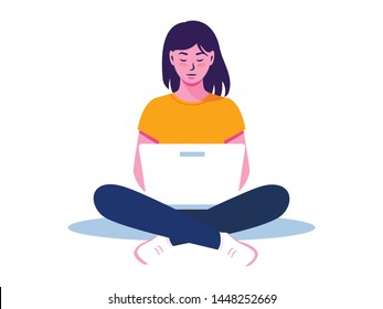 Young woman sitting on the floor with laptop. Freelance, working from home, distance education, shopping online, surfing the internet. Flat vector illustration