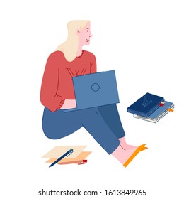 Young Woman Sitting on Floor with Laptop in Hands and Pile of Books Isolated on White Background. Girl Student Learning Online Watch Webinar Using Smart Technology. Cartoon Flat Vector Illustration